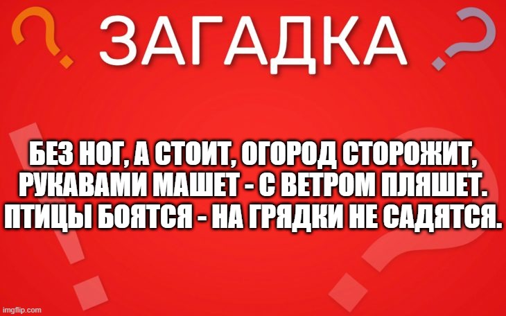 Без ног, а стоит, огород сторожит, рукавами машет — загадка